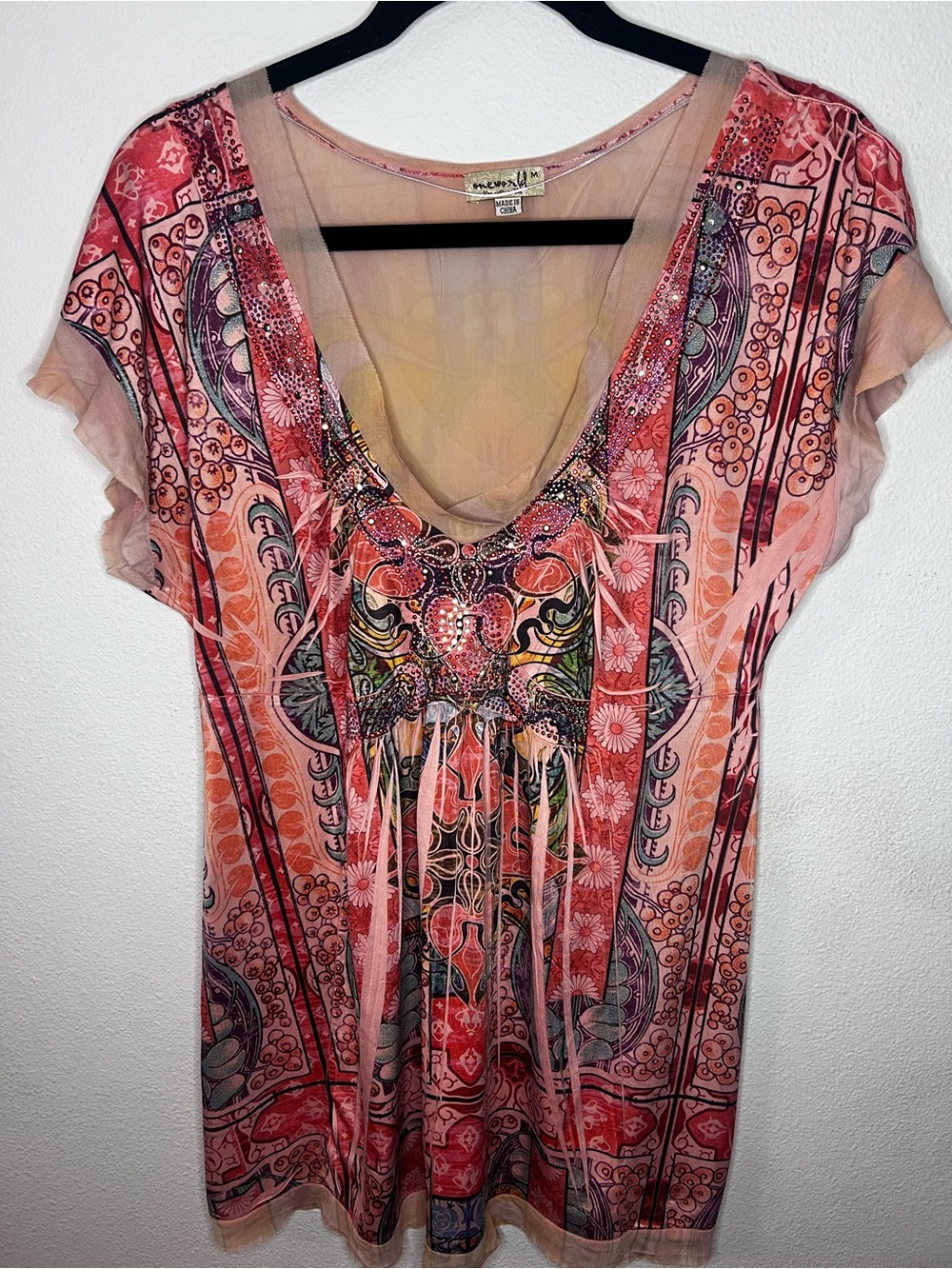 ONE WORLD Pink Coral Printed V-Neck Tunic